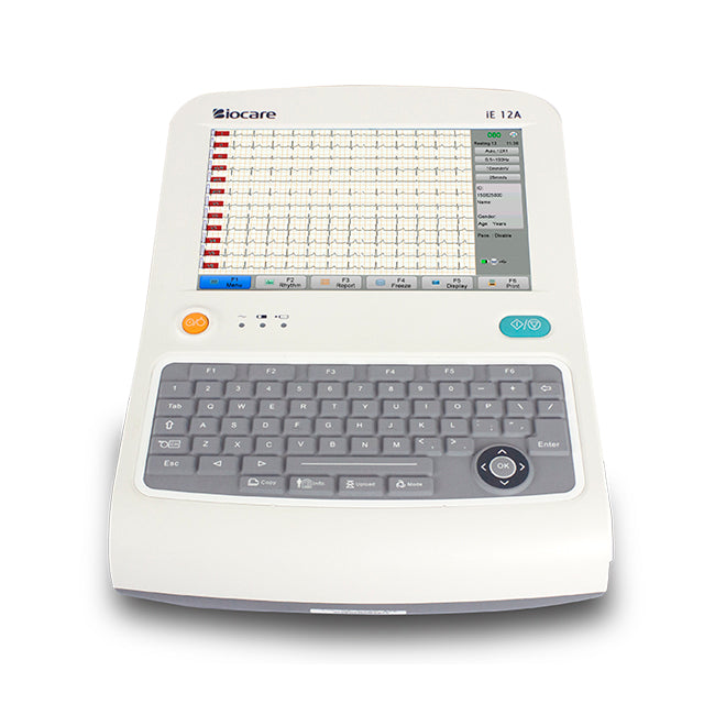 A Biocare 12 Channel High End ECG Machine with a visible keyboard and screen, predominantly white with grey keyboard keys.