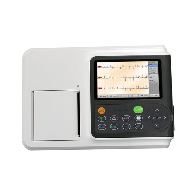 A Biocare IE 300 ECG Machine with a 5 inches large LCD screen, multiple buttons for operation, and a paper output slot.