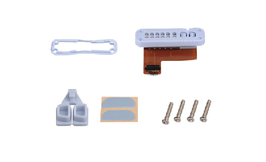 Set of electronic components including a flex cable, connectors, and screws on a white background