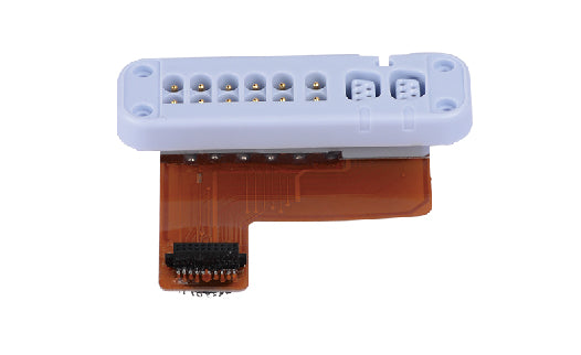 Electronic component with white plastic housing and orange flex cable on a white background