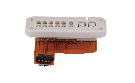 Electronic component with white housing and orange flex cable on a white background