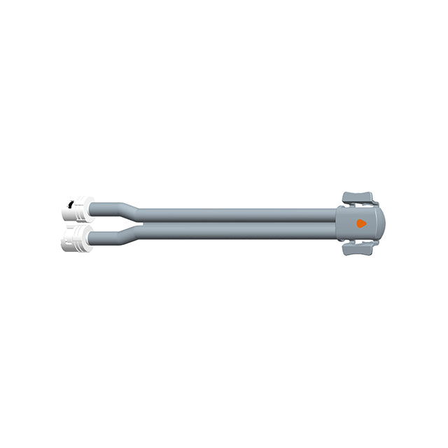 A gray double tube adapter with an X-shaped connector, typically used for medical or technical applications.