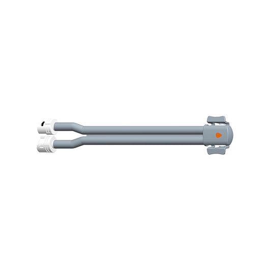 A gray double tube adapter with an X-shaped connector, typically used for medical or technical applications.
