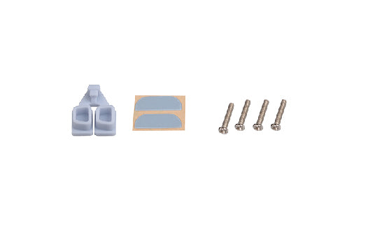 Set of window hardware components including a latch, two small pads, and three screws on a white background.