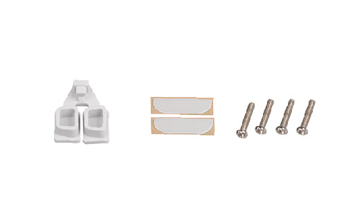 Set of white brackets, screws, and a small wooden block on a white background