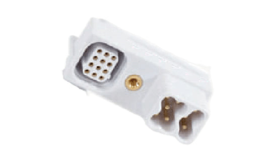 White electrical connector with gold contacts on a white background