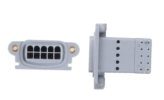 Two gray automotive parts on a white background
