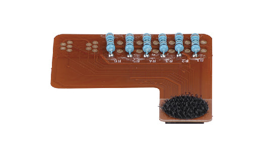Electronic component with resistors and a black brush on a white background