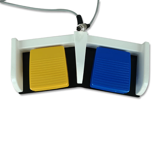 A compatible ERBE monopolar footswitch with a yellow and blue pedal, white housing, and an attached cable.