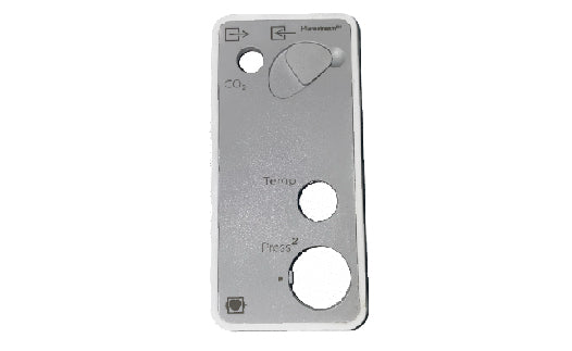 Metallic plate with cutouts and text on a white background