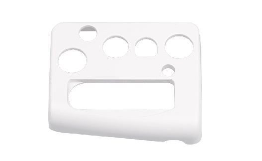 White plastic component with multiple holes on a white background