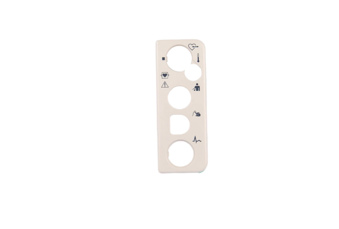White plastic panel with circular holes and symbols on a white background