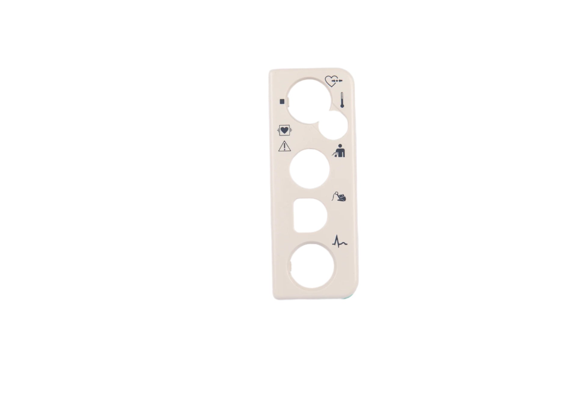 White plastic panel with circular holes and symbols on a white background