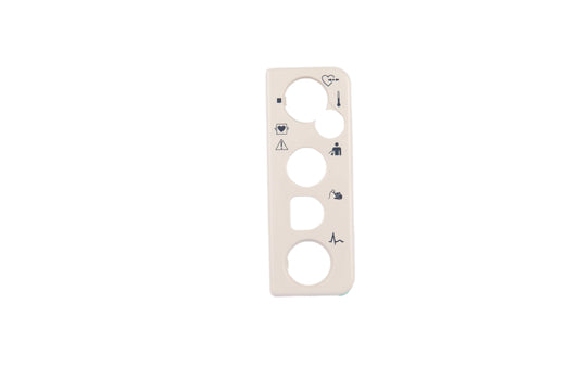 White plastic panel with circular holes and symbols on a white background