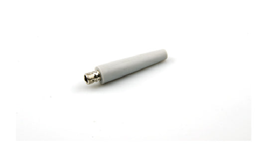White cylindrical object with a metallic connector on a white background