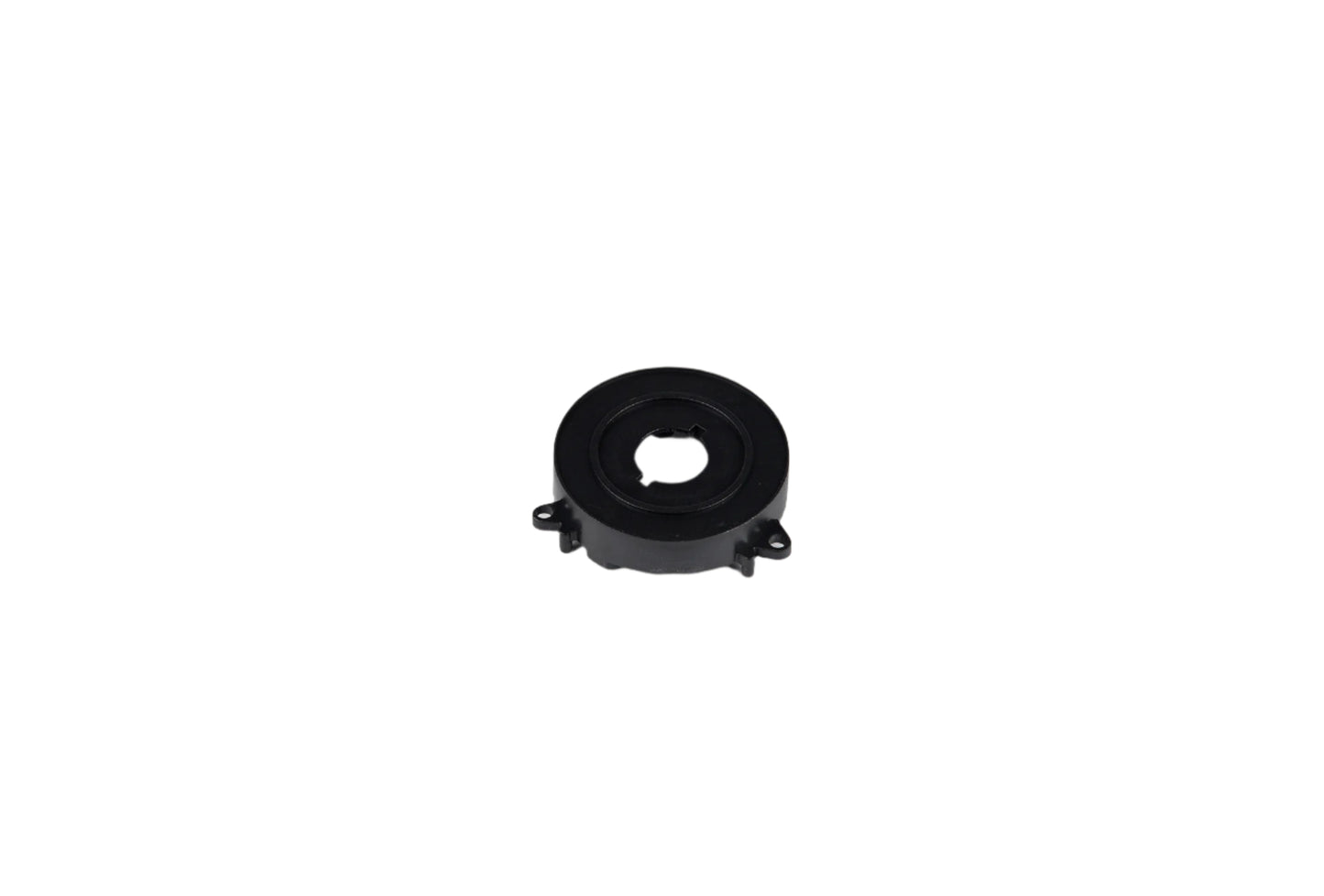 Black mechanical component on a white background