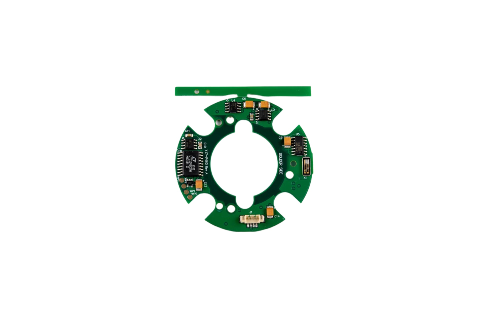 Green electronic circuit board on a white background