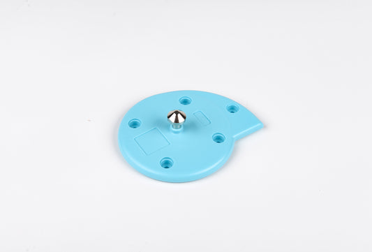 Light blue plastic component with a central metallic ball on a white background