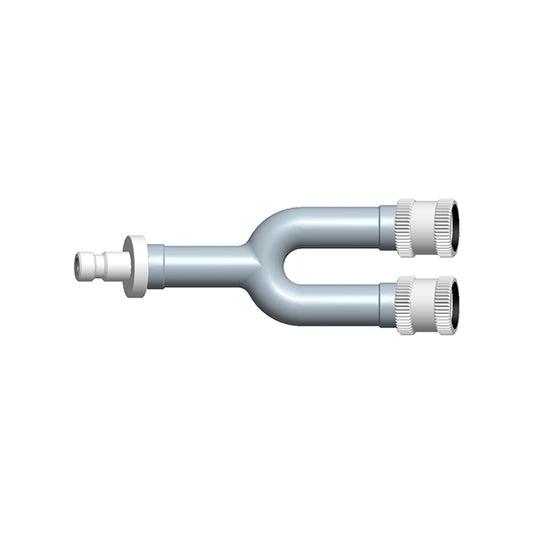 A Y-adapter with a single male bayonet to dual female threaded connection, typically used with GE Healthcare equipment.