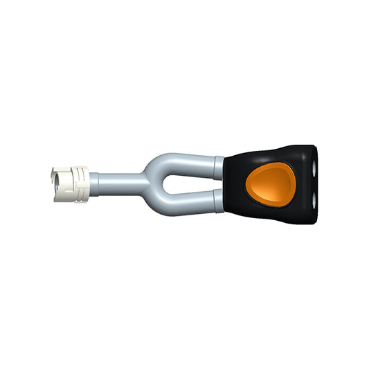 A medical device cuff adapter with a black and orange color scheme.