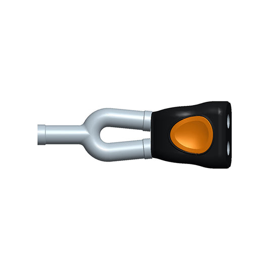 A medical device cuff adapter with a silver body and black and orange accents.