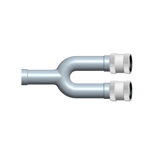A Y-shaped medical device adapter with one unfitted end and two female screw connectors.