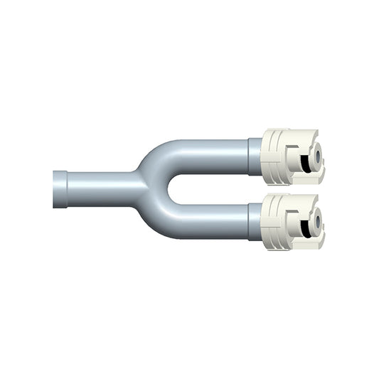 A medical device Y-adapter with a single unfitted end and dual male twist lock ends.