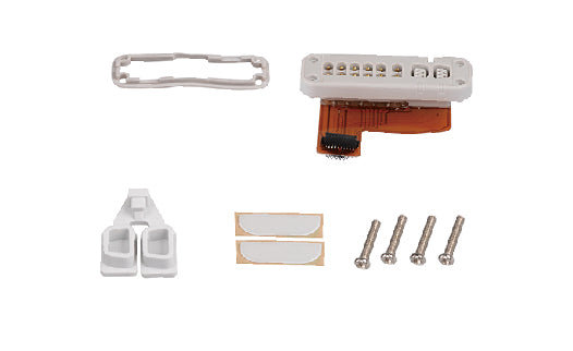 Set of electronic components including a white connector, a white bracket, a white card, and screws on a white background.