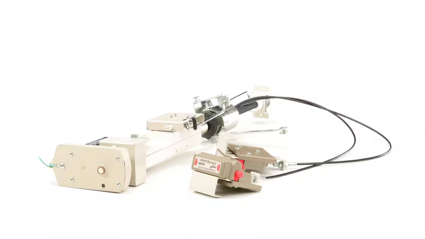 A medical equipment device, possibly a ventilator, with tubing and electronic components, primarily in beige and white colors.