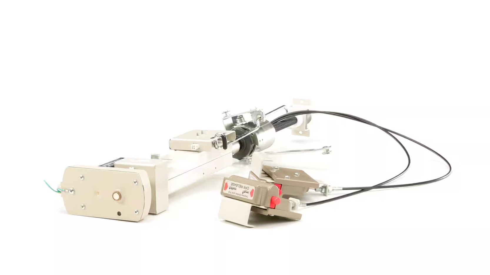A medical equipment device, possibly a ventilator, with tubing and electronic components, primarily in beige and white colors.