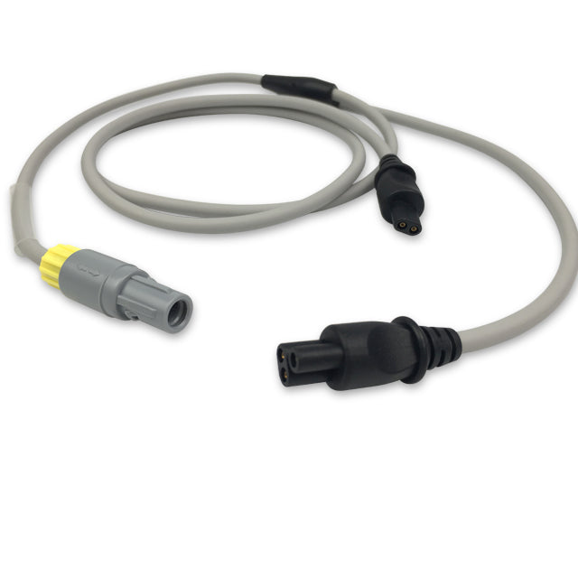 A heater wire adapter with one end having a yellow connector and the other end a black connector, against a white background.