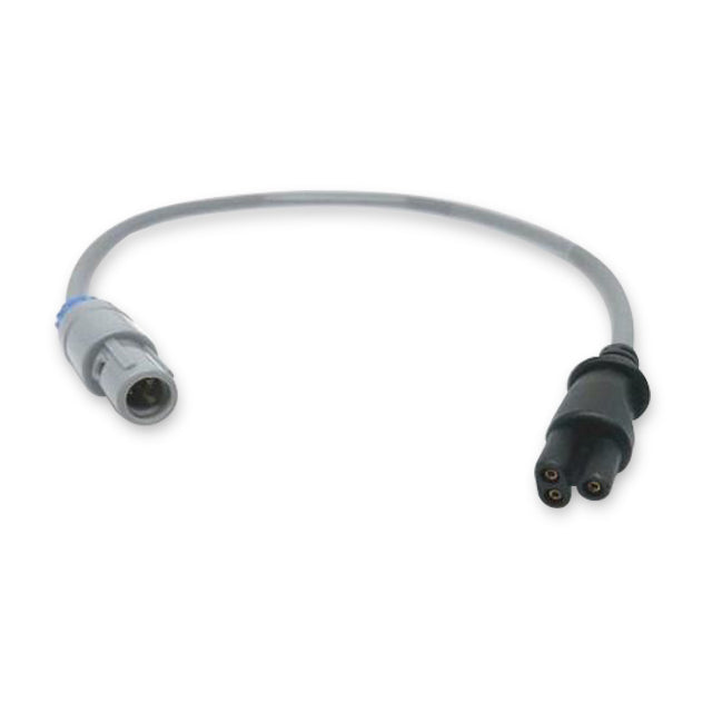 A heater wire adapter with one end having a blue connector and the other end a black connector, on a plain background.