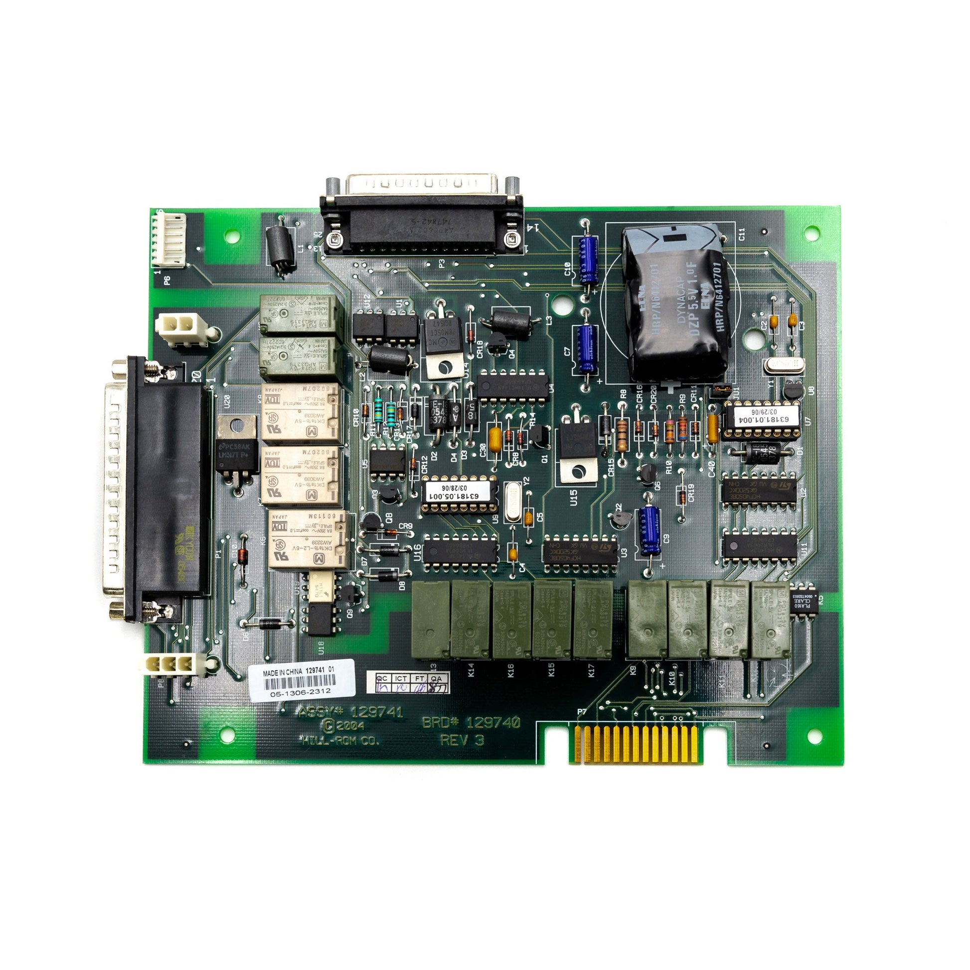 This is an image of a Hillrom compatible PCB assembly, model CA, Sidecomm 129741, displaying various electronic components and connectors on a green circuit board.