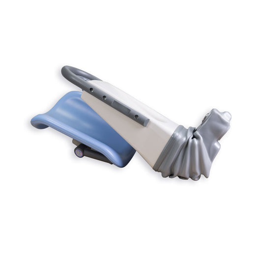 A medical device component, possibly a footrest or support assembly, with blue, gray, and white colors.