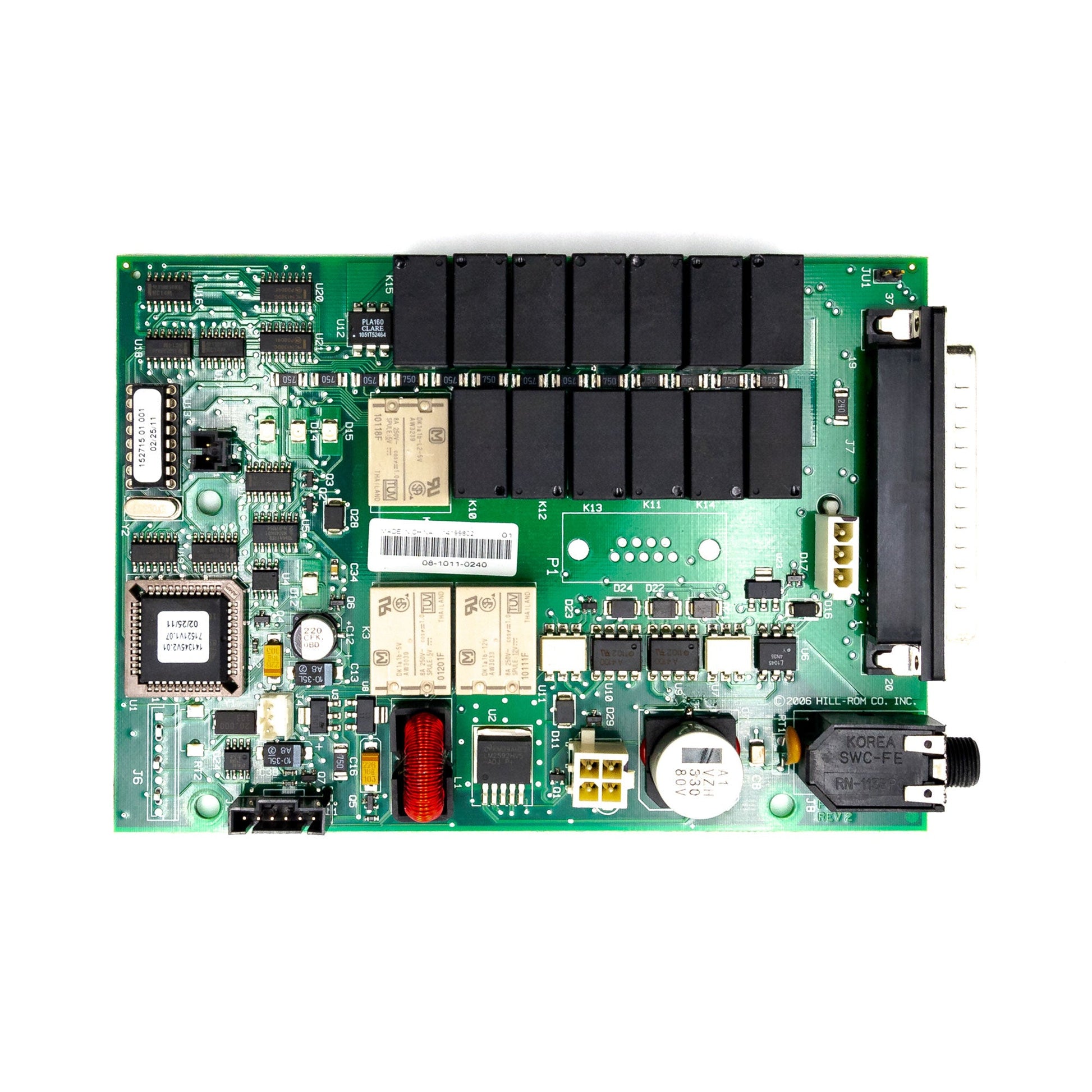 This is an image of a Hillrom compatible PCB assembly, featuring a variety of electronic components and connectors on a green circuit board.