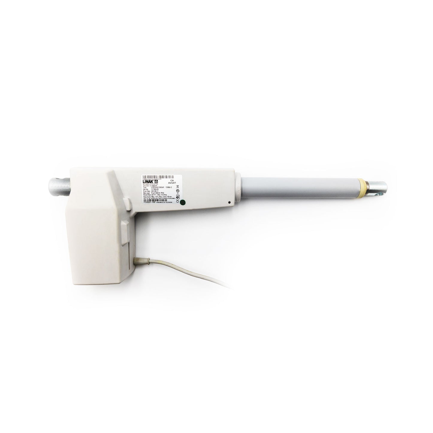 A Hillrom compatible leg motor for a VersaCare bed, showing a white motor with a label and a wire attached.