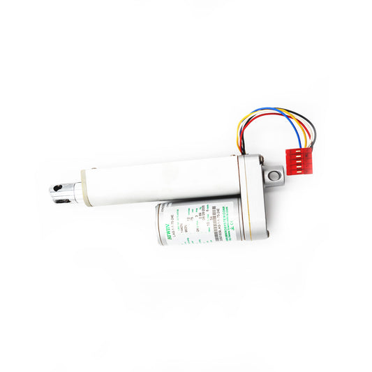 A white linear actuator with a label and multicolored wires attached to it.