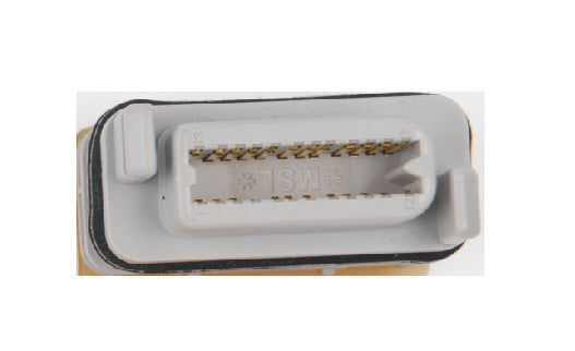 Close-up of a white electronic connector with gold contacts on a white background