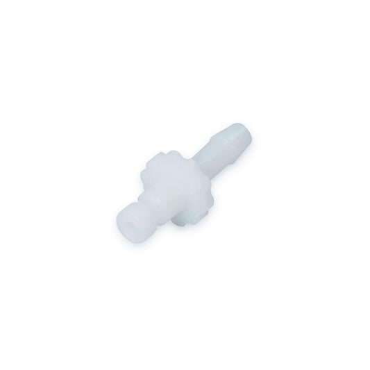 A single white male bayonet plastic connector compatible with BP connectors for cuffs.