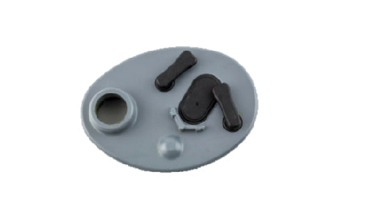 Gray plastic component with black and white parts on a white background