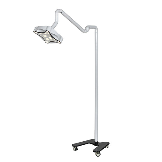 An adjustable mobile LED dental examination lamp with a wheeled stand and an adjustable gooseneck.