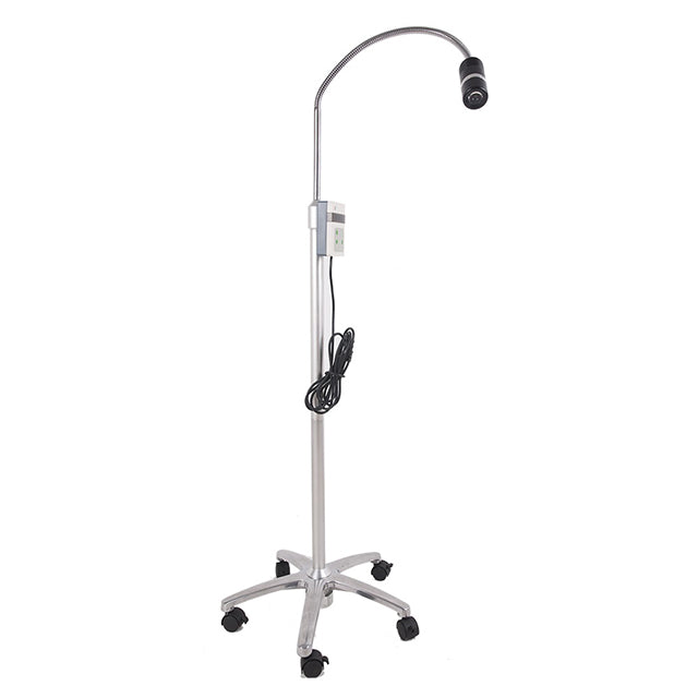 A mobile LED surgical lamp with an adjustable arm and a wheeled base.