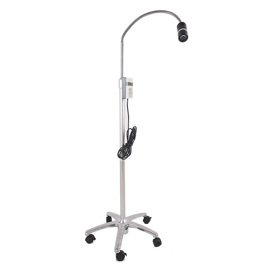 A mobile LED surgical lamp with an adjustable arm and a wheeled base.
