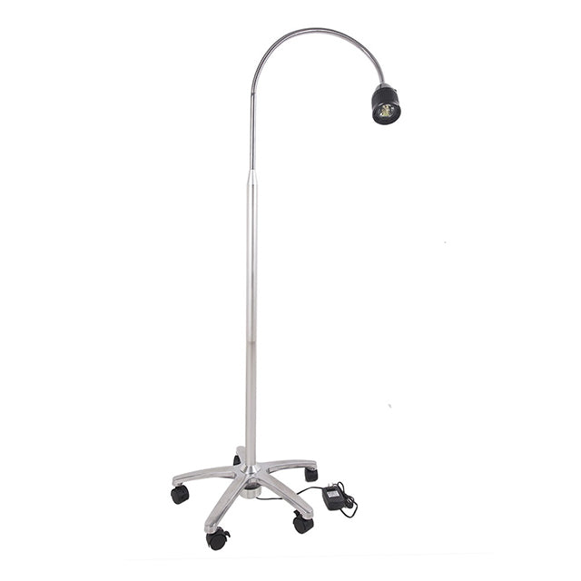 A mobile LED surgical lamp with an adjustable arm and a wheeled base.