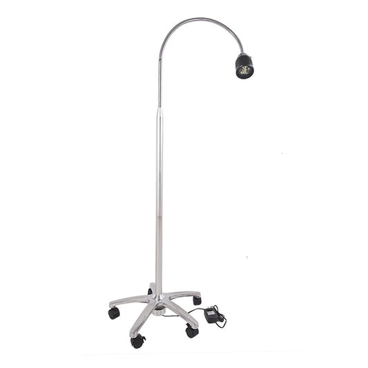 A mobile LED surgical lamp with an adjustable arm and a wheeled base.