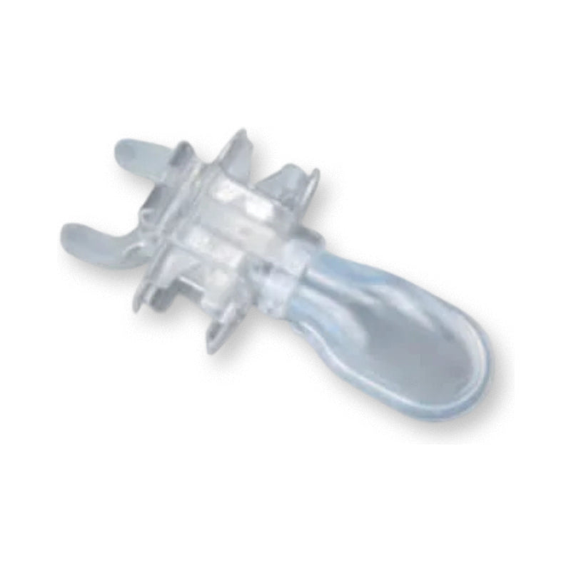 Clear plastic tool with prongs on a white background
