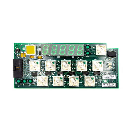A power control board assembly with multiple electronic components and connectors.