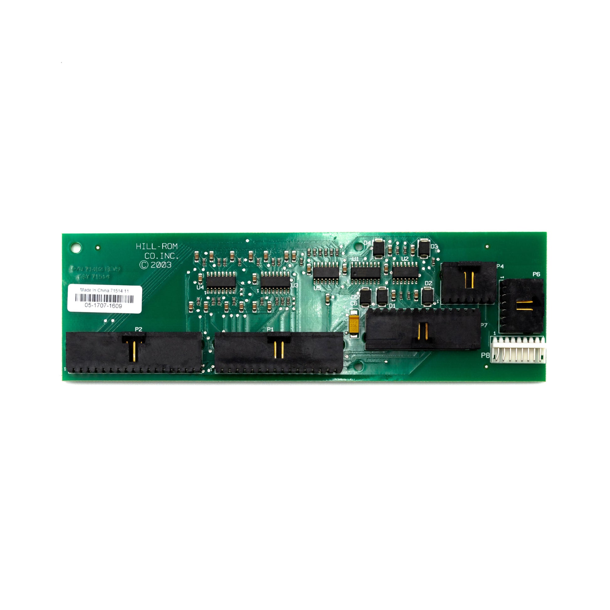 This is an image of a Hillrom compatible PCB assembly, featuring various electronic components and connectors on a green circuit board.