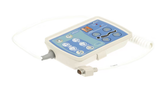 A medical alert pendant with a blue and white display screen, buttons, and a attached medical information card.