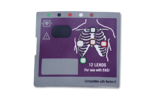 Purple and gray medical device component with a diagram of a human torso on a white background